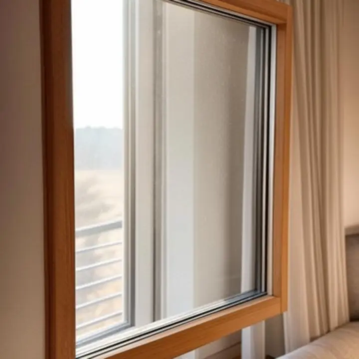 Detale drewnianych i aluminiowych profili okiennych w nowoczesnym wnętrzu