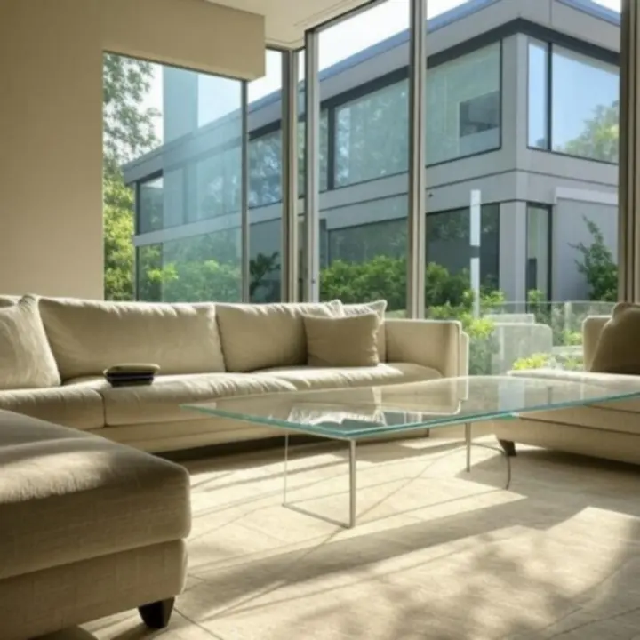Nowoczesne duże przeszklenia w salonie z widokiem na ogród