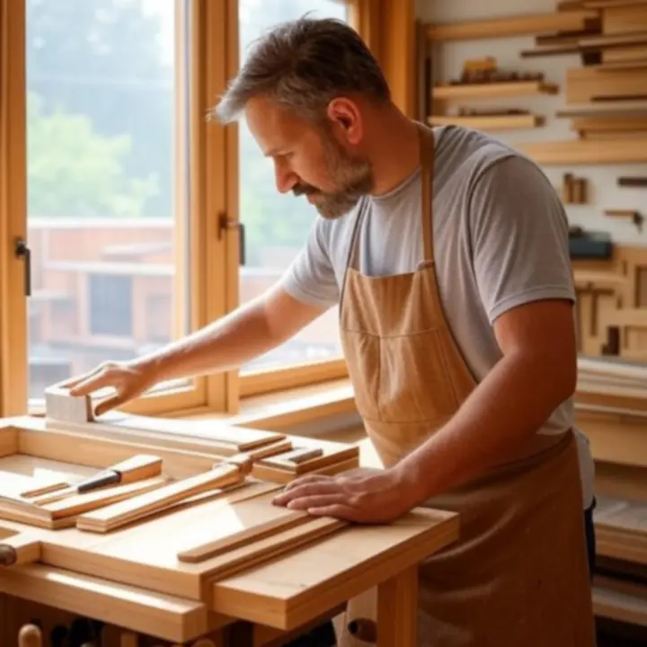 Mistrz rzemieślnik pracujący nad ramą okna w atelier Windoryxa