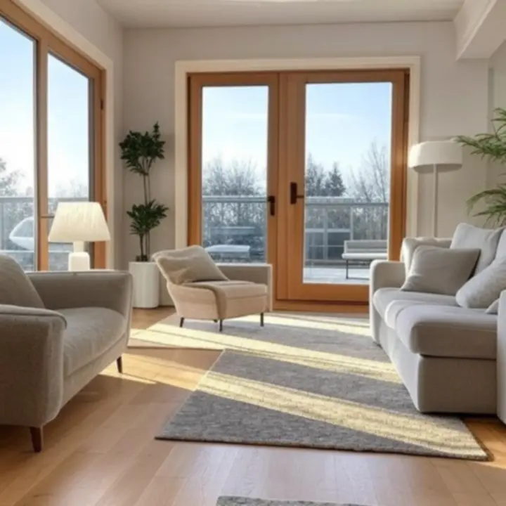 Stylowe wnętrze domu z dużymi przeszkleniami i różnymi materiałami stolarki