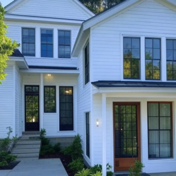 Nowoczesny dom z dużymi przeszkleniami okiennymi i eleganckimi drzwiami wejściowymi