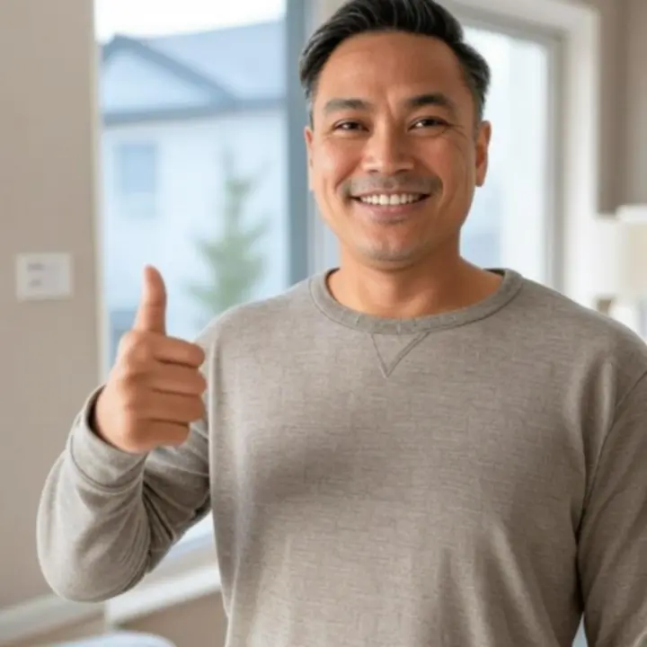 Zadowolony klient stojący przy dużych oknach tarasowych